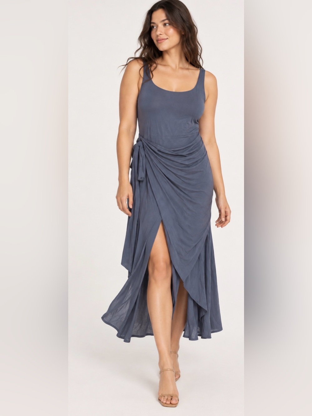 👗 Wilfred Draped Wrap Midi Dress XL Ruched Side Asymmetrical Hem Blue 👗